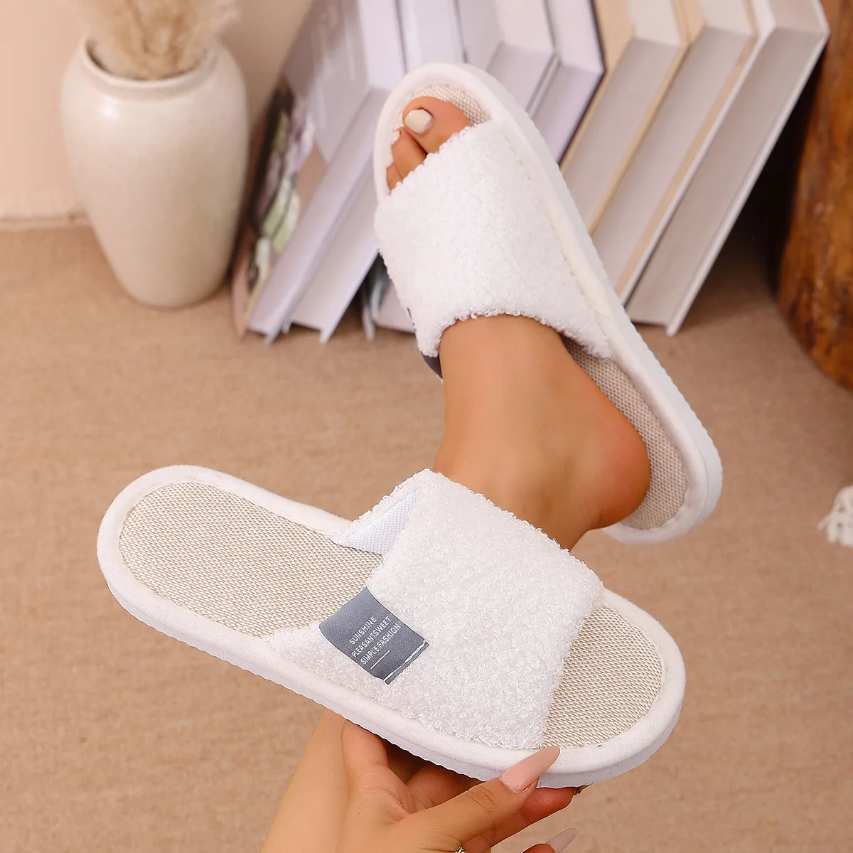 

Women's Open Toe Fuzzy Slippers, Linen Lined Non-Slip Plush House Slides for Indoor Bedroom Home