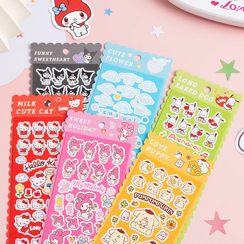 6Sheet Kawaii Sanrio Stickers Hello Kitty Kuromi My Melody Cinnamoroll Decals Anime Hand Acount DIY Sticker Kids Toys Gifts