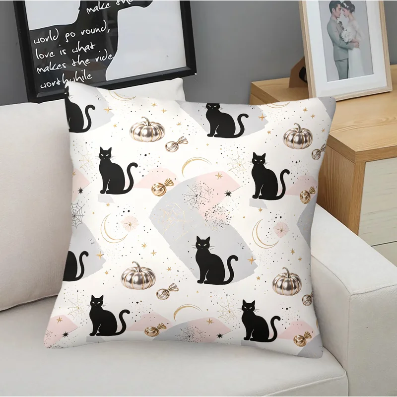 1PC 45x45cm Halloween Throw Pillow,Microfiber,Durable,Skin-Friendly,Black cats silver pumpkins moons spiderwebs Print Cushion