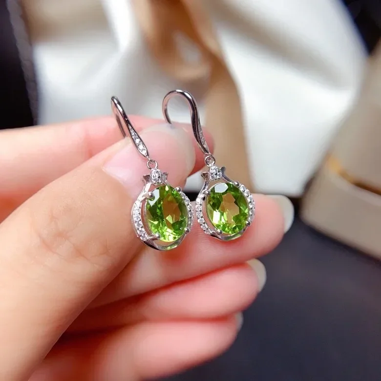 Natural Perdiot Earrings 7mm*9mm Simple Peridot Silver Drop Earrings Solid 925 Silver Peridot Hook Earrings Gift for Woman