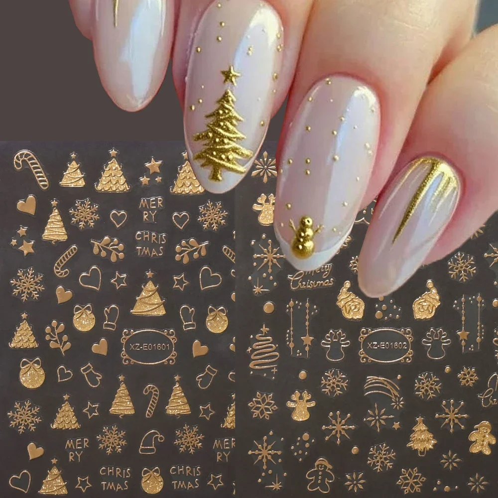 

2pcs Gold 3D Christmas Nail Foil Stickers Sparkling Snowflake Christmas Tree Snow Globe Snowflake Nail Slider Xmas Nail Stickers