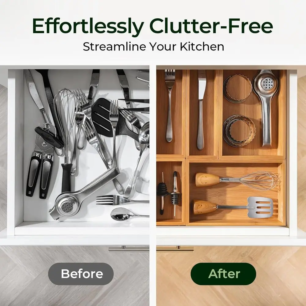 Organisateur de tiroir en bambou à 6 compartiments, 2,2 de profondeur pour ustensiles de cuisine, bureau, cosmétiques et plus encore avec base antidérapante