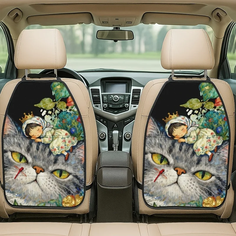 Car Seat Back Covers With Storage Pockets - Cute Princess Girl Sleeping On Giant Cat With Dragonfly Pattern, Whimsical Style