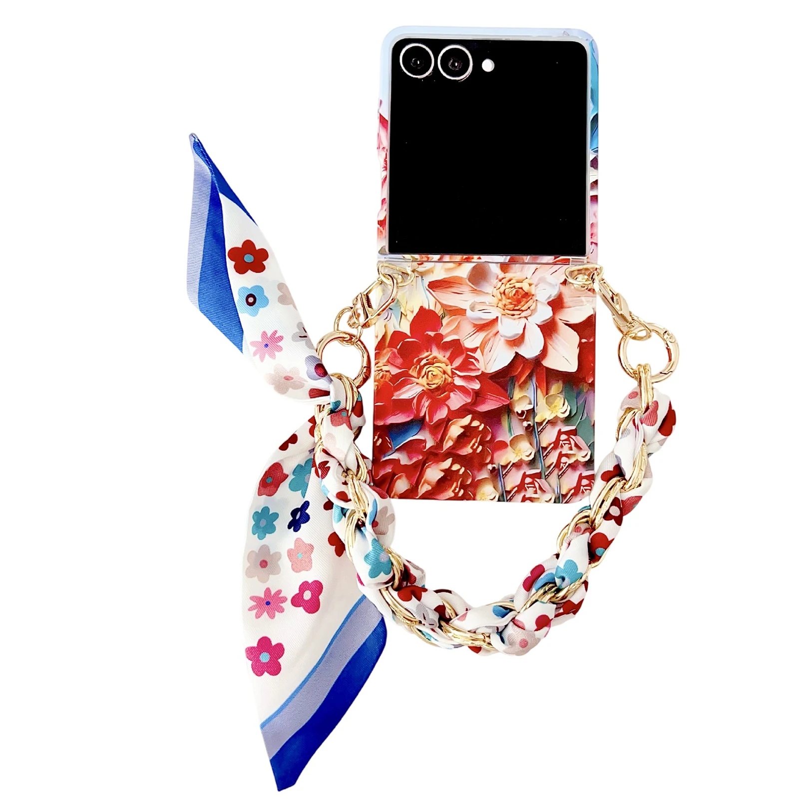 Colorful Retro Floral Print Case for Samsung Galaxy Z Flip 7, Detachable Lanyard Strap, Hard PC Shockproof
