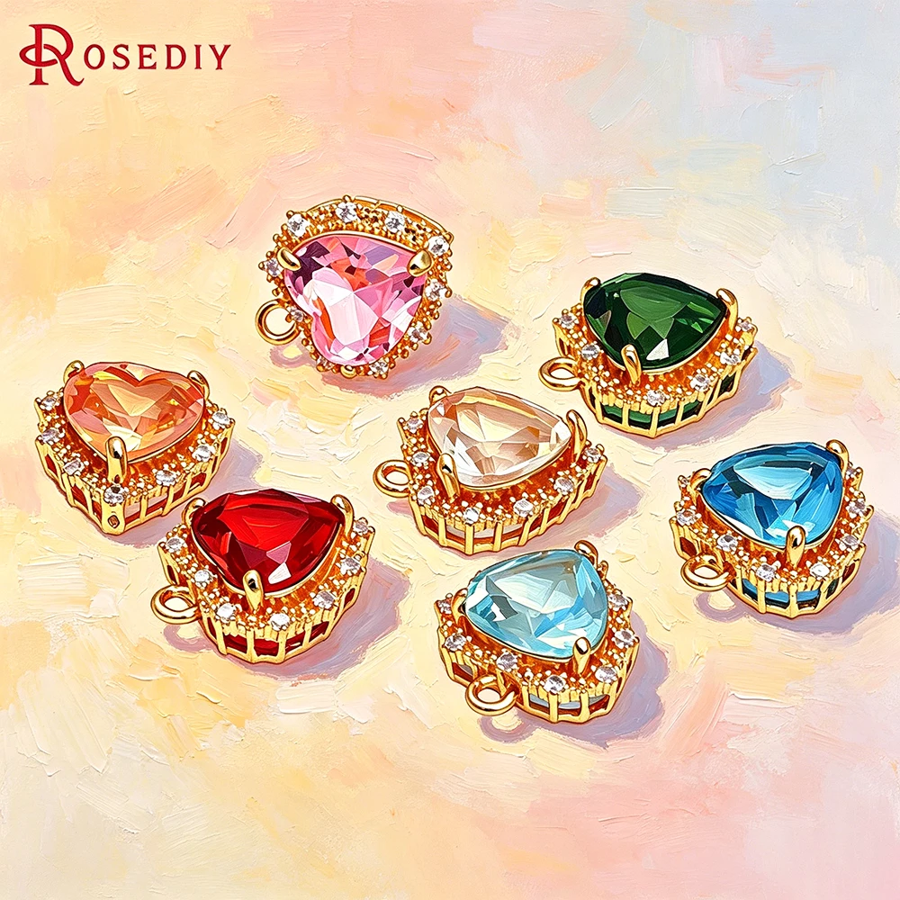 

6PCS 14x17MM 18K Gold Color Brass and Zircon and Glass Heart Charms Pendants High Quality Jewelry Making Diy Accessories