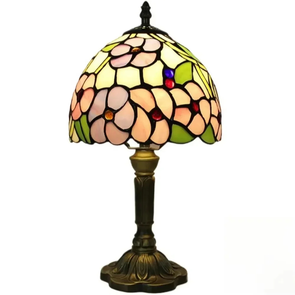 8inch Tiffany Flower Square Stained Glass Desk Reading Light Bedside Table Lamp Decor for Small Space Bedroom Home Office