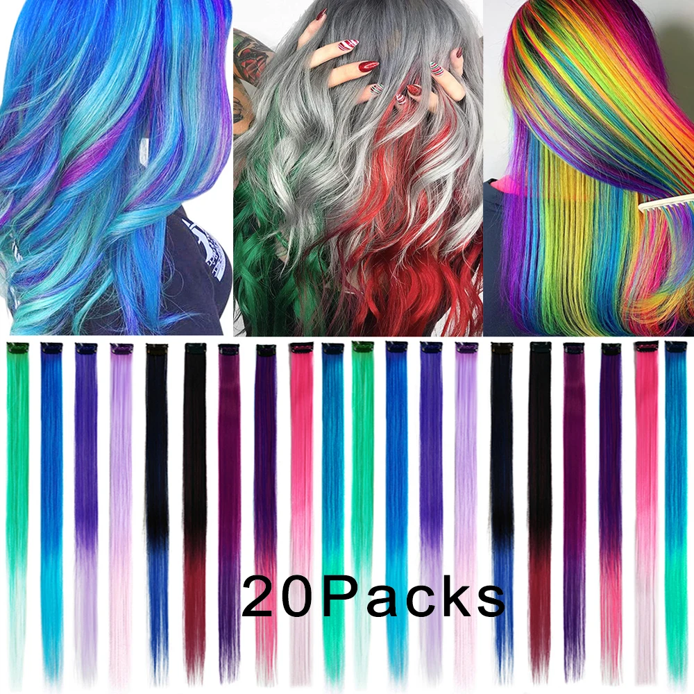 20Packs Rainbow Clip on Hair One Piece Straight Highlight Fake Hairpiece 22inch Synthetic Colorful Hair Extension For Girls Kids