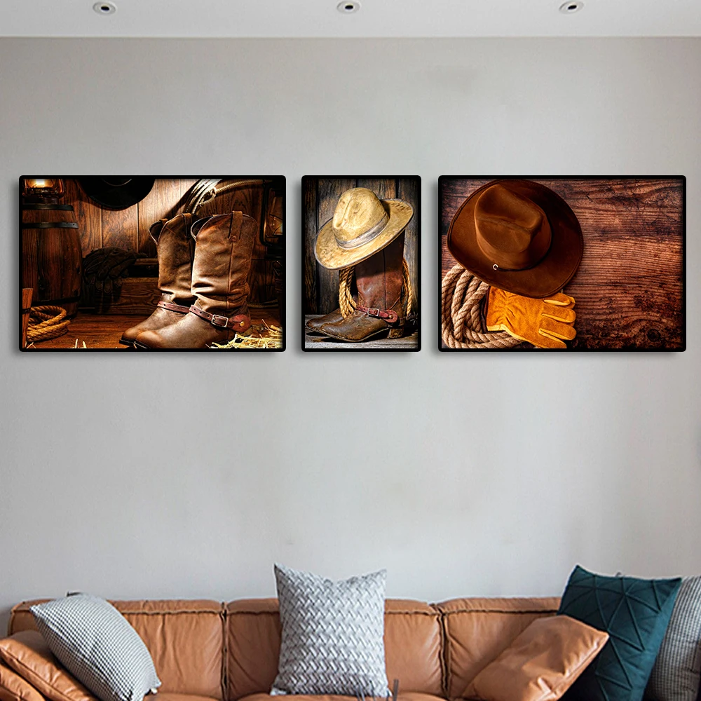 

Western Cowboy Accessories Canvas Painting Poster Print Brown Cowboy Hat Boots Pictures Living Room Home Wall Art Decor Cuadors