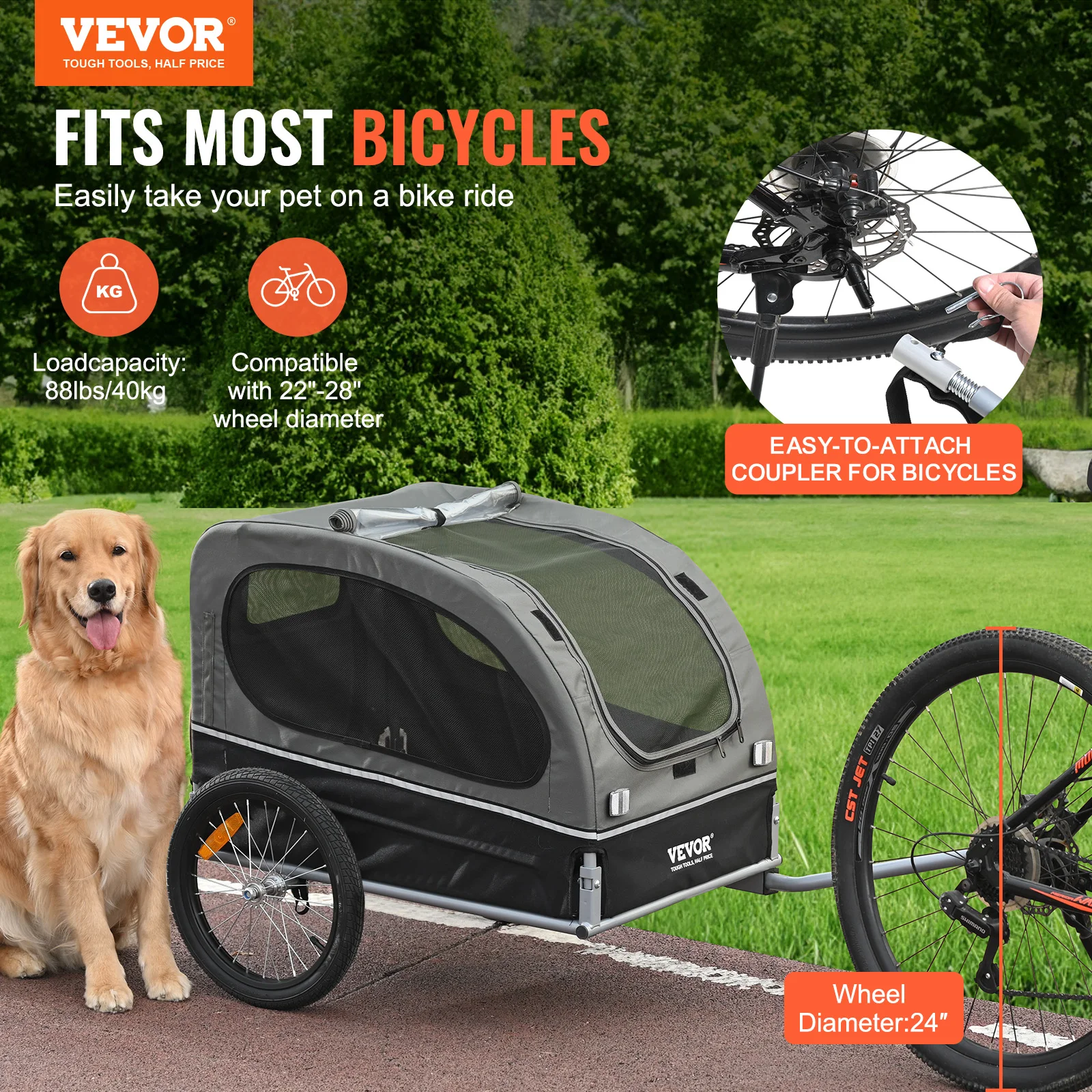 VEVOR 88 lbs Dog Bike Trailer Pet Cart Bicycle Carrier with Wheels, Coupler, Reflectors, Flag, Collapsible to Store for Dogs