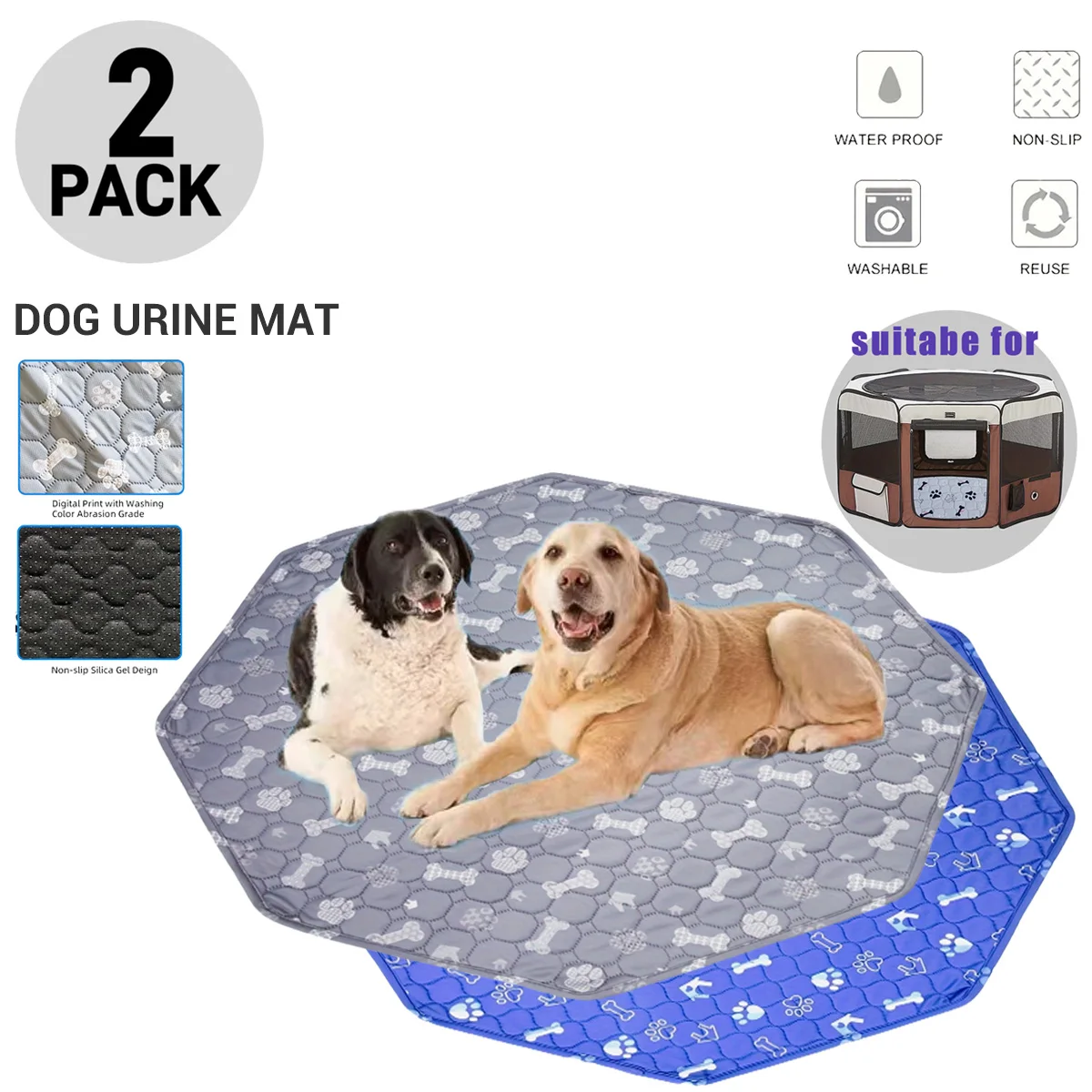 2PCS Large Size Octagon Dog Urine Mat Washable Pet Sleep Play Bed Mats Reusable Pee Pad Cute Paw Print Anti Slip Training Pads