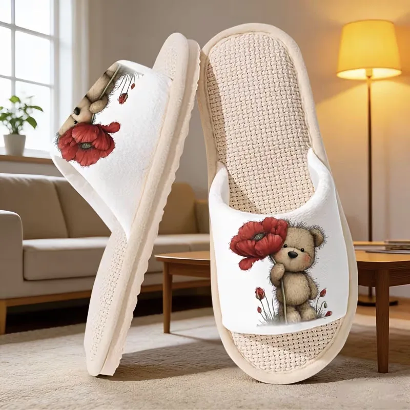 

Домашние хлопковые тапочки с мультяшным медведем и цветочным узором, осенне-зимние, для дома, с мягкой нескользящей подошвой, теплые, плюшевые, для пар