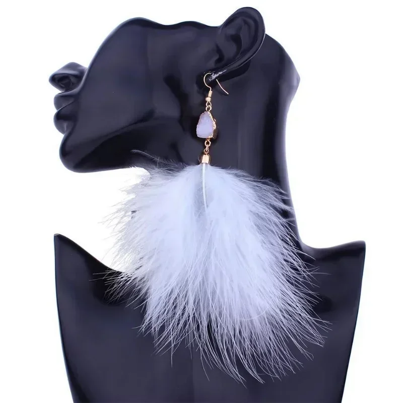 Winter Long Crystal Pink Feather Earrings Large Plush Pendant Tassel Drop Earrings for Women 2023 Trendy Boho Wedding Jewelry