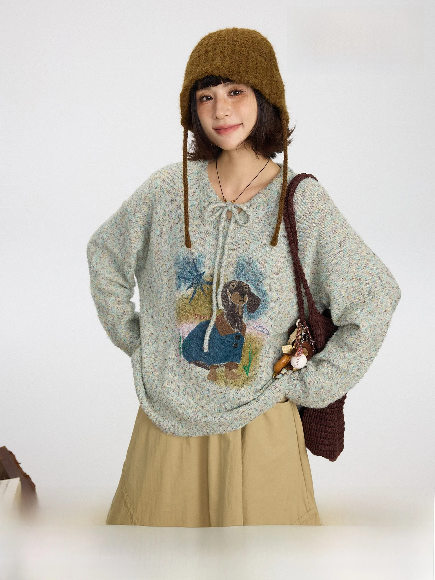 

Женский свитер свободного кроя с круглым вырезом и принтом таксы в стиле ретро, с узлами и цветовыми блоками, с длинными рукавами, осенне-зимний, модный, для повседневной носки