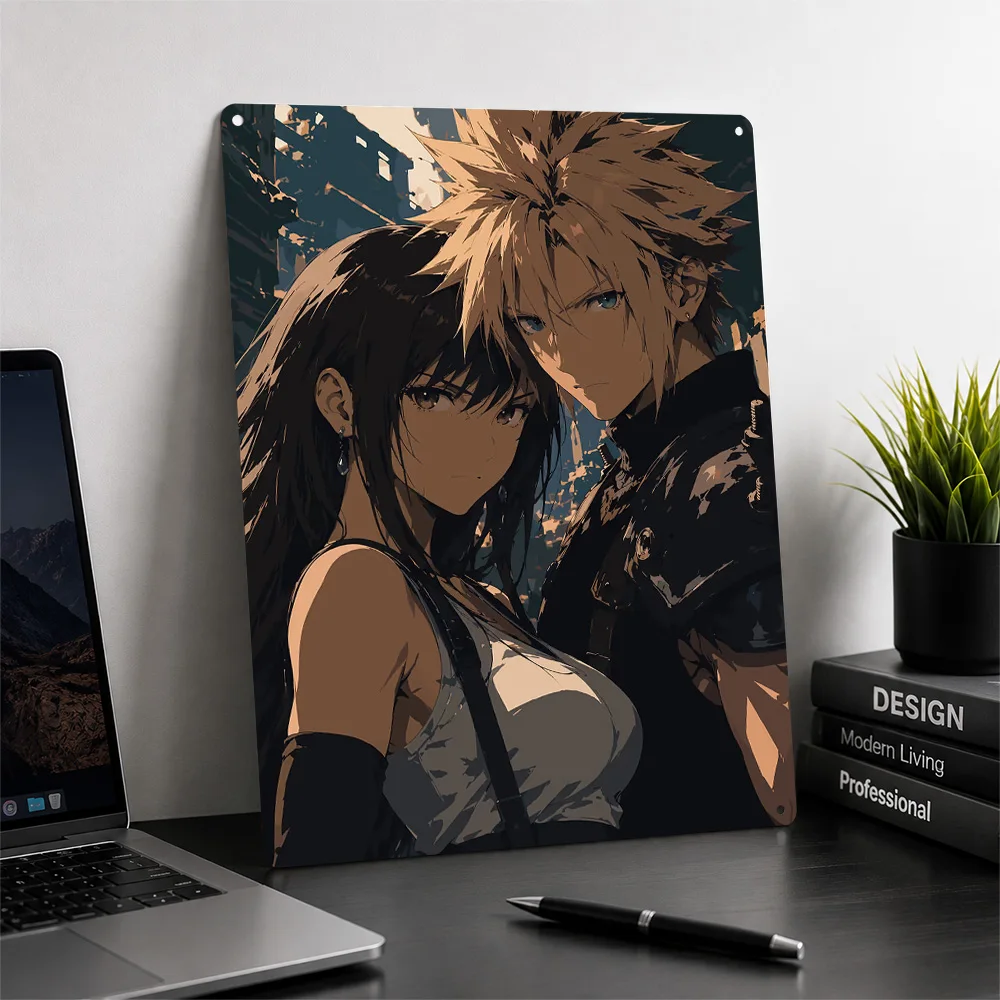 Cloud and Tifa Portrait Personalized 3D Textured Metal Poster Wall Art Tinplate Sign for Modern Home Decoration Room Funny Signs