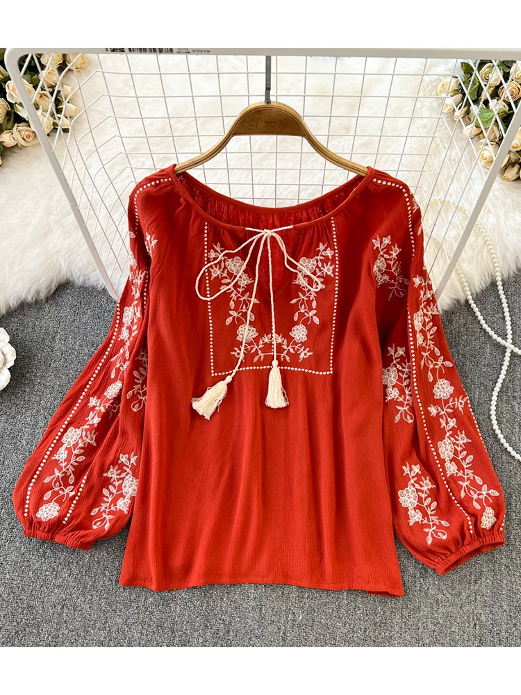 Women Spring Autumn Blouse Vintage National Style Long Sleeve Round Neck Pullover Embroidery Loose Shirt Doll Shirt Top D2761