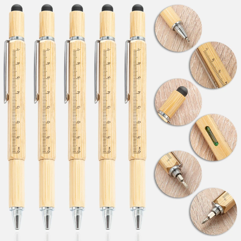 50PCS  Multifunctional bamboo tool pen, 6-in-1 screwdriver, level gauge, capacitance pen, hexagonal ballpoint pen