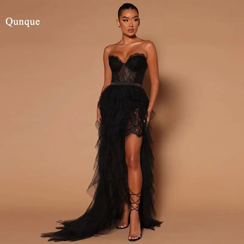 

Qunque Customized Fairy A-line Evening Dresses Women Vintage Sexy Side Split вечернее платье Ladies Lace Ruffles Vestidos Largos