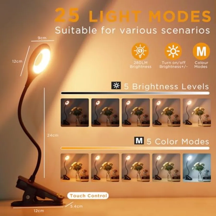 Desk Lamp LED Clip on Light, 5 Modes 5 Brightness Dimmable Clamp Light, Rechargeable Battery Flexible Clip on Reading Lamp for
