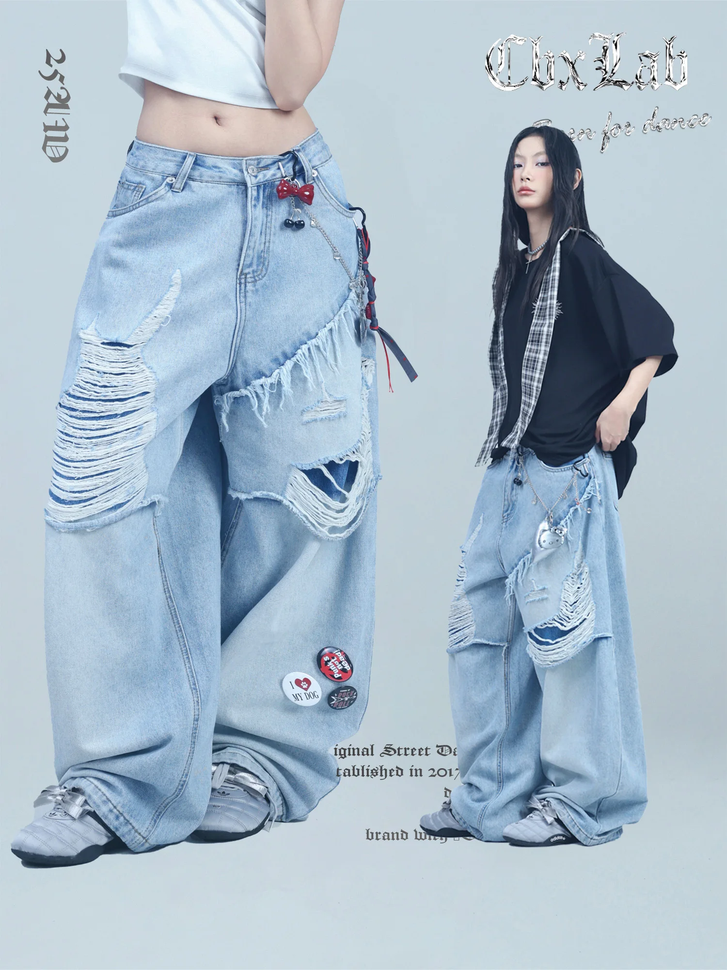 

Джинсы CBXLAB Street Dance: модные, двухслойные, с эффектом потертости, с необработанным краем, повседневные, в стиле хип-хоп, свободного кроя