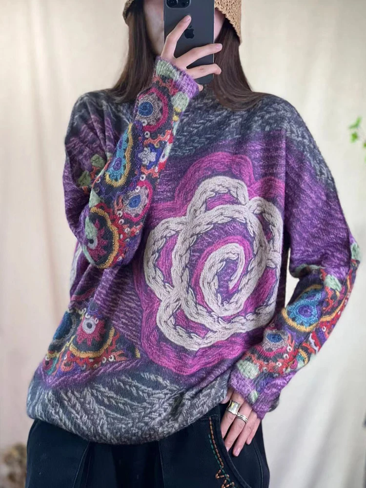 2023 Winter Ladies Fashion Warm Sweaters Womens Vintage Printed Turtleneck Jumpers Females Luxury Floral Casual Cotton Pullover