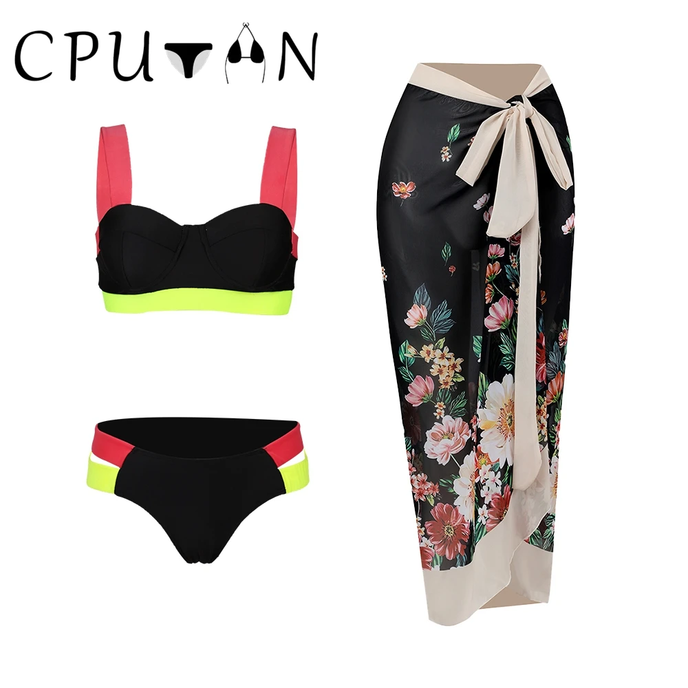 

CPUTAN 2023 Sexy Push Up 3 Pieces Bikini Set Vintage Floral Women Swimwear Skirt Swimsuit Brazilian Beach BathSuit Dress Biquini