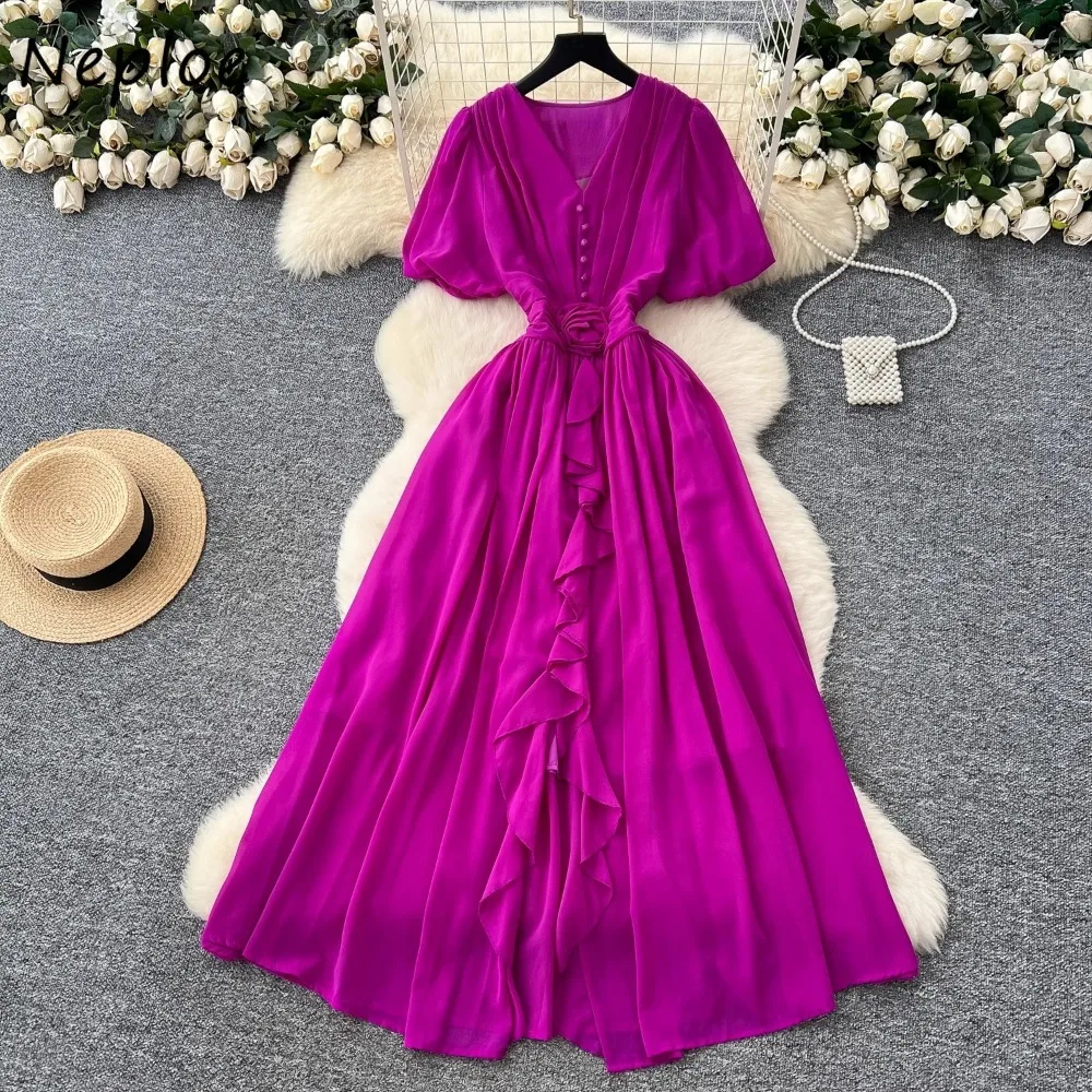 

Neploe Ceremonial Elegant French Advanced Women's Dress V Neck Puff Sleeve 3D Flower Vestido Slim Ruffles Chiffon Casual Mujer