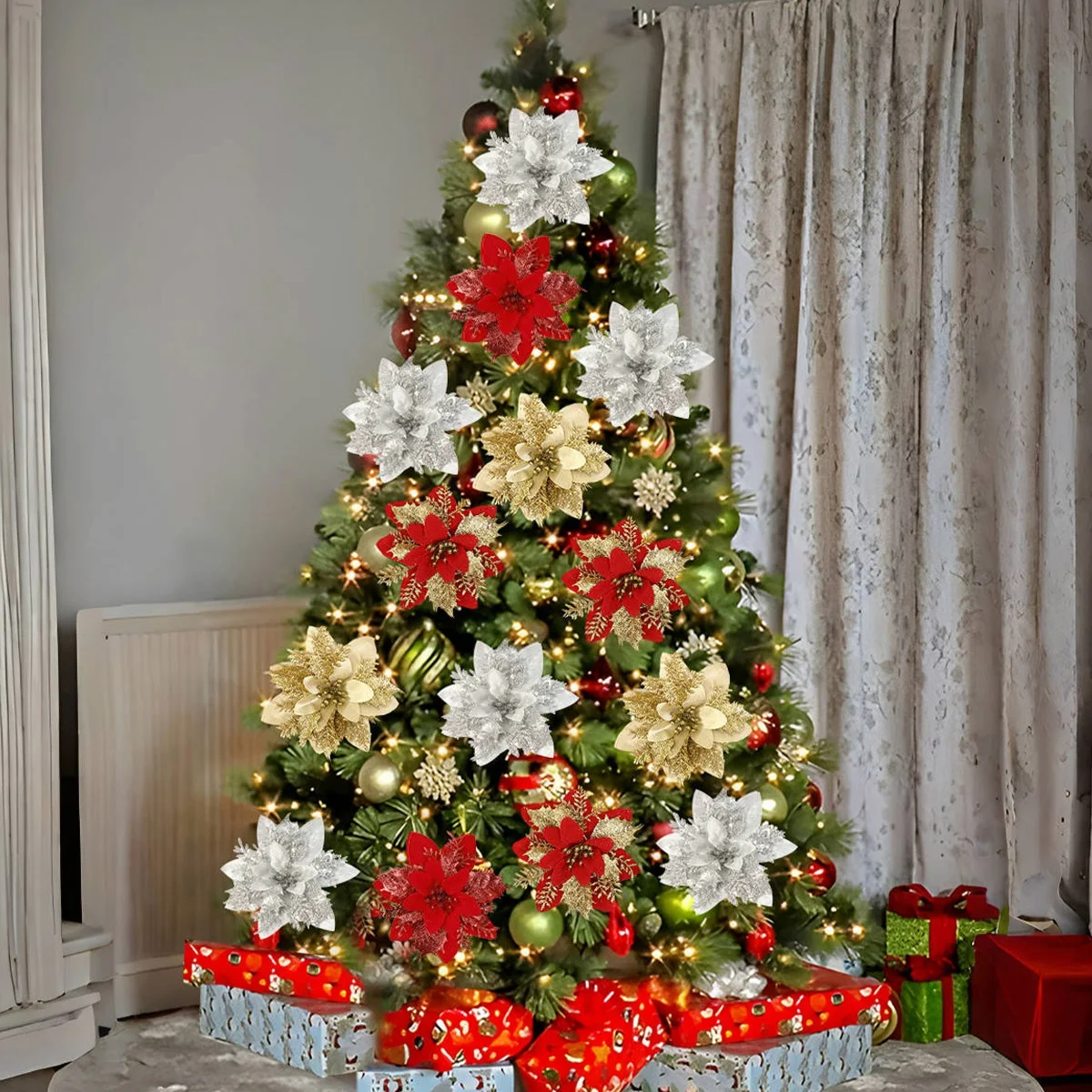 Weihnachts-Glitzerblumen, künstliche Blumen, Weihnachtsbaumschmuck für Zuhause, 2025, Baum-Anhänger, Ornamente, Navidad, Neujahr 2026, Geschenk – Detail 7