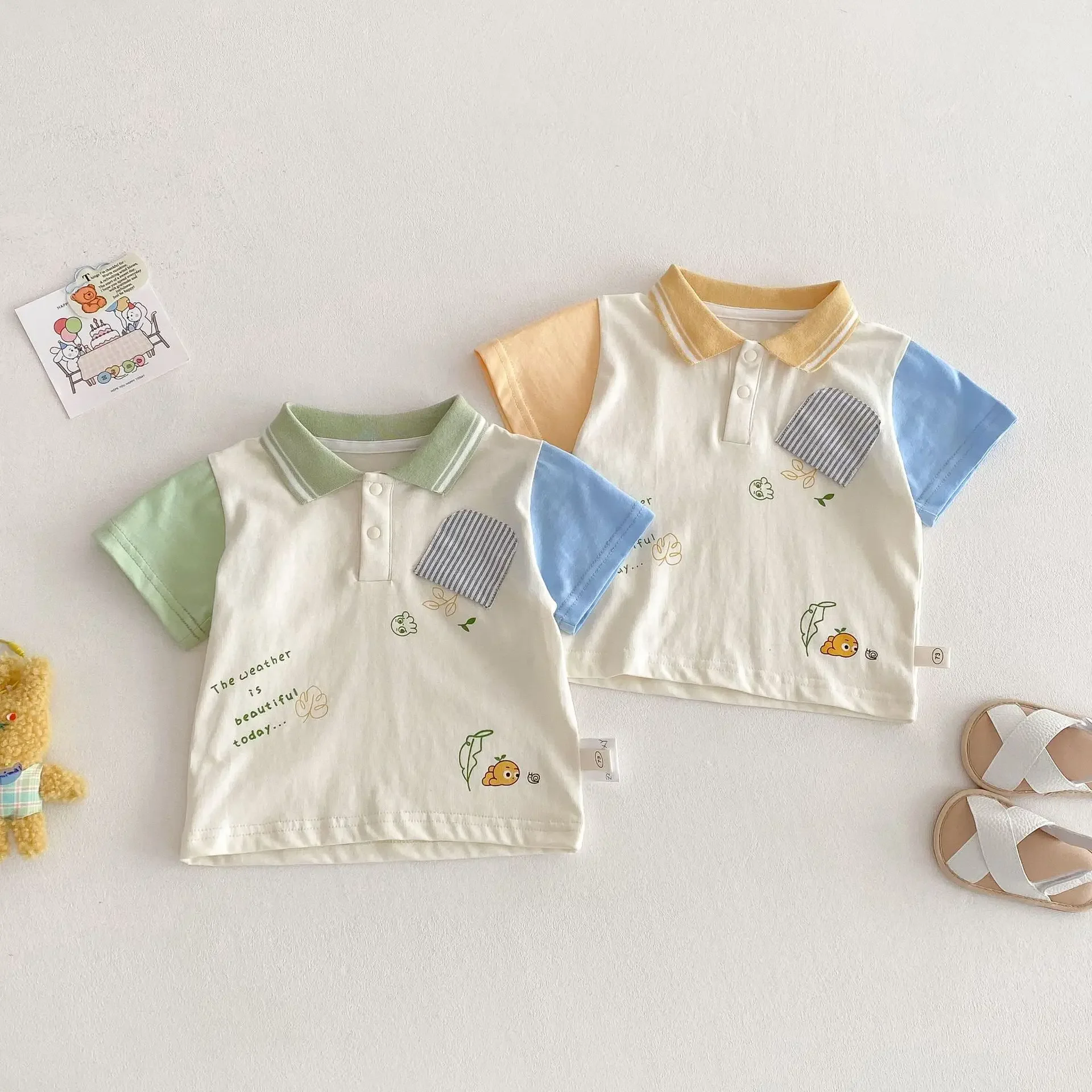 

2025 New Summer Kid's T-shirt Color Blocking Polo Shirts for Boys Letter Printed Tees 0-5Y Baby Children's Clothing