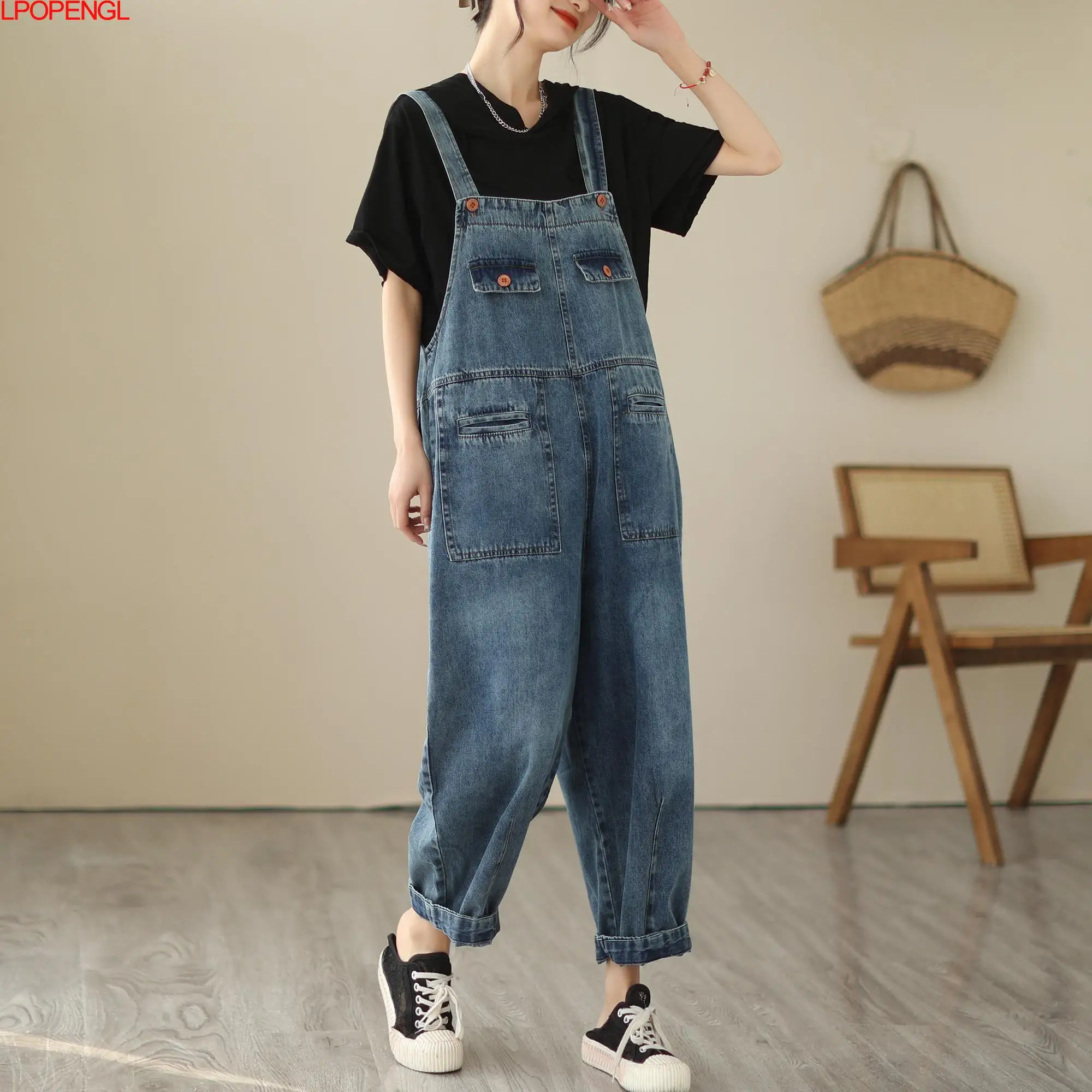 Fashion Comfortable 2023 New Spring Summer Streetwear Jeans Denim Casual Bib Pants Women's Ankle-length Pants Washed Mom Pants