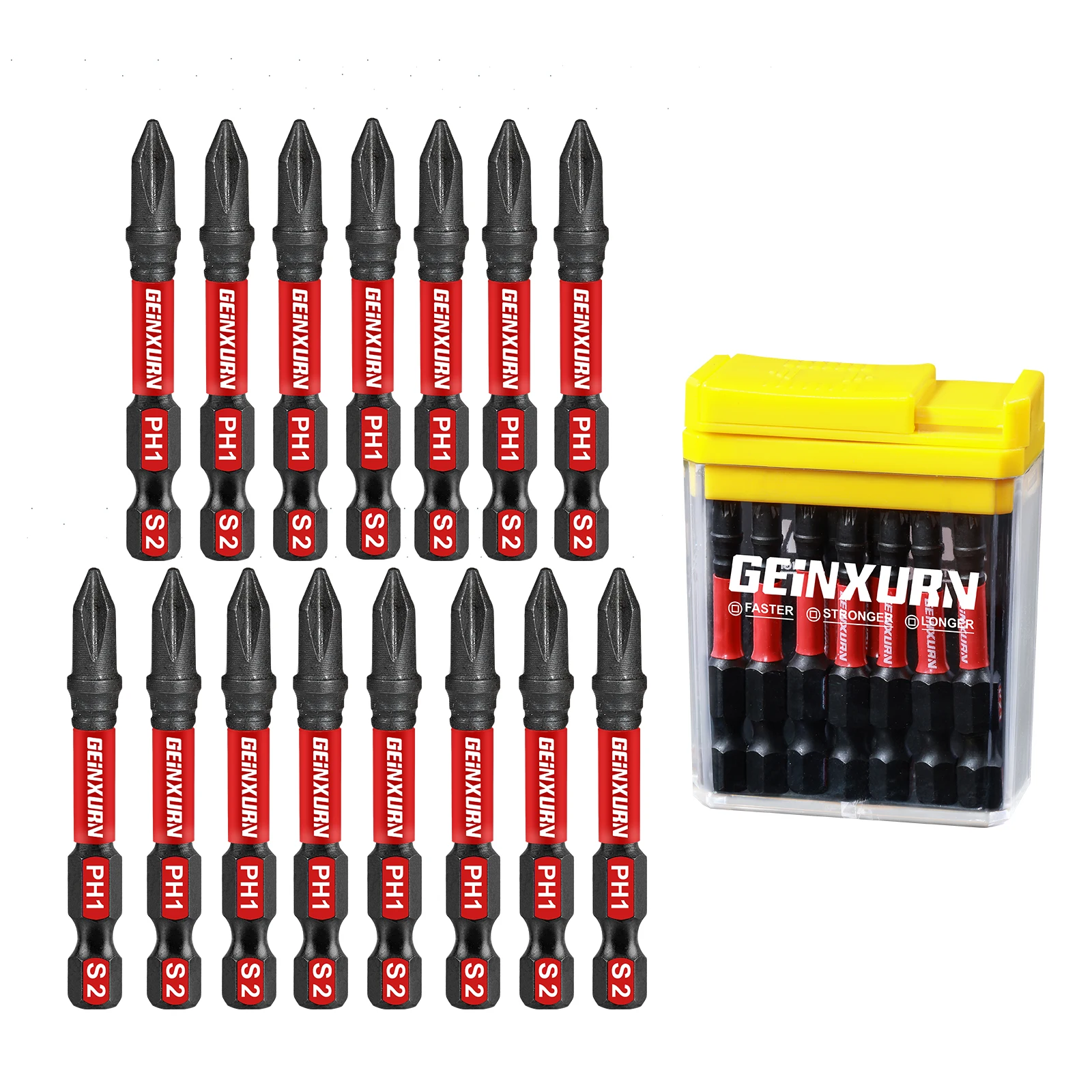 Geinxurn 15Pcs Impact Phillips Screwdriver Bits Set, S2 Steel Multi Driver Bits with Storage Colorful Box (Red,Green,Yellow)