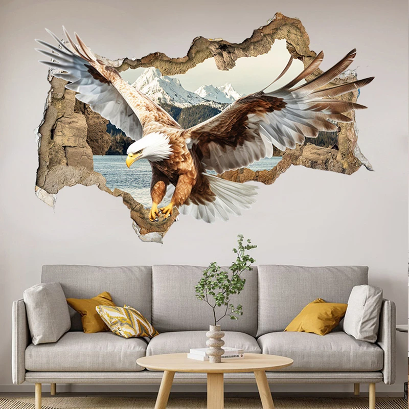 3D Broken Wall Hole Art Goshawk Poster Golden Eagle Soars in Mountain Water Mural Stickers for Home Decoration Aesthetic Rooms