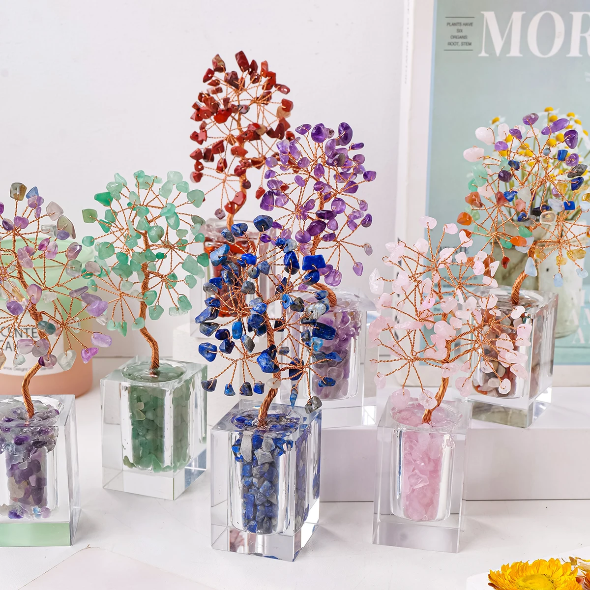 1pc Natural Crystal Amethyst Rose Quartz Crushed Stone Fortune Tree Home Office Desktop Decoration Holiday Gift
