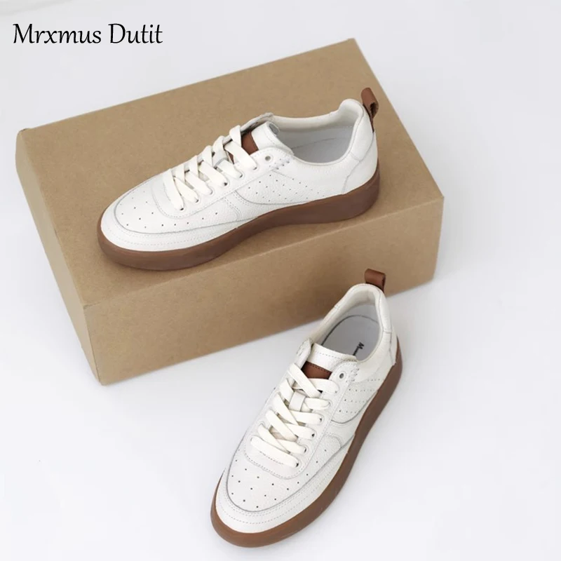 Mrxmus Dutit New 2024 Spring Women Fashion Genuine Leather Spring Flat Lacing Shoes Casual Versatile Sneakers Commute Female