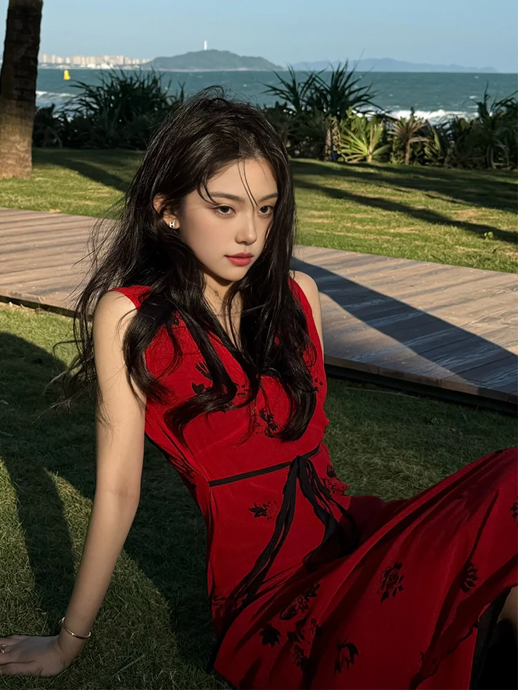 Gilet con stampa floreale Dr Donna Autunno Inverno Vintage Dimagrante Rosso V-Ne Vita incinta A-Line Lungo Dr Vacanze estive Sle