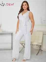 D & M-Belted Sequin Jumpsuit for Women, Elegant Overalls, Plus Size, Traf, Surplice Neck, Women's Social Overalls