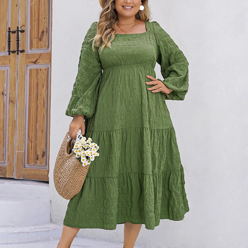 Plus Size Dress Loose And Chubby Little Sister Dress New Solid Color Loose Square Neck Slimming Long Sleeved Dress For Women