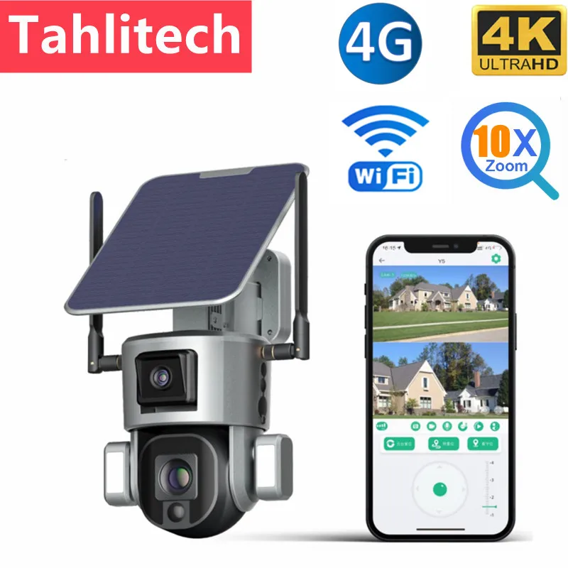 

4K UHD Dual Scrceen Preview 4G Solar Camera Outdoor WIFI 10X Optical Zoom Two-way Audio Color Night Vision CCTV Camera Solar