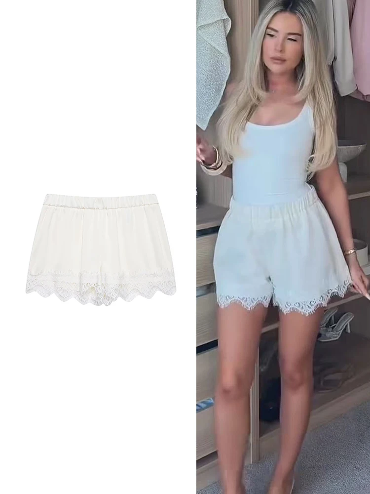 

TFMLN Women Straight Mini Shorts Chic Satin Spliced Lace Solid Short Pants Loose Wide Leg Elastic Waist Shorts Summer New