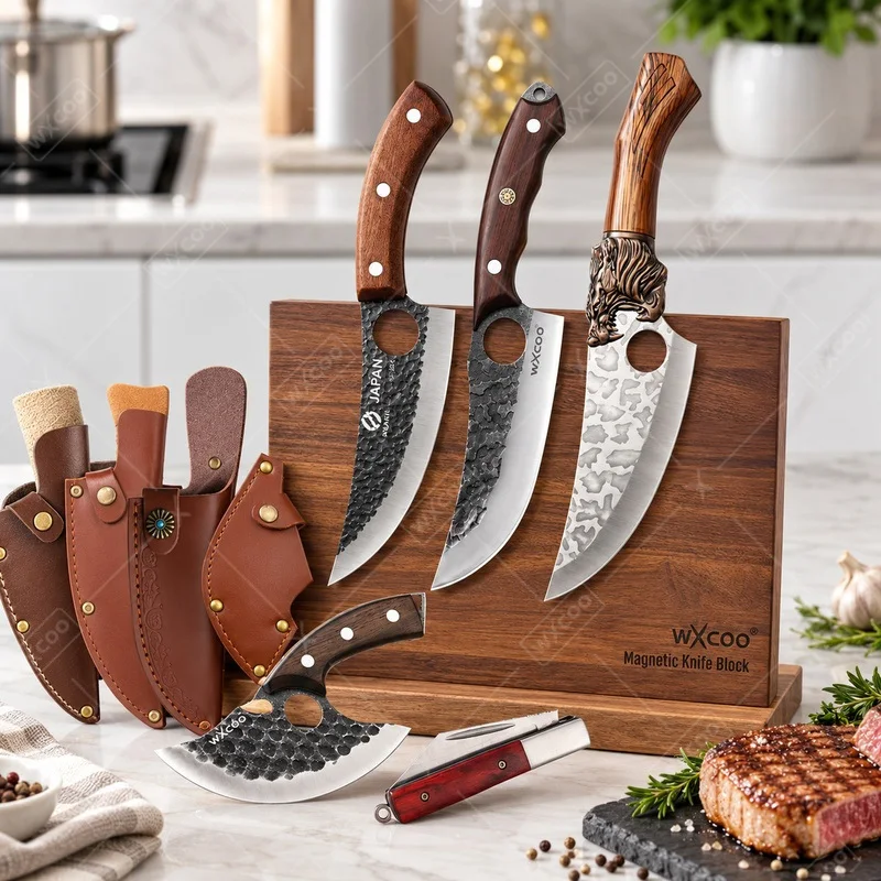 WXCOO Stainless Steel Meat Cleaver Boning Knife Hand Forged Kitchen Knife Butcher with Cover Effortless Slicing Beef Pork Lamb