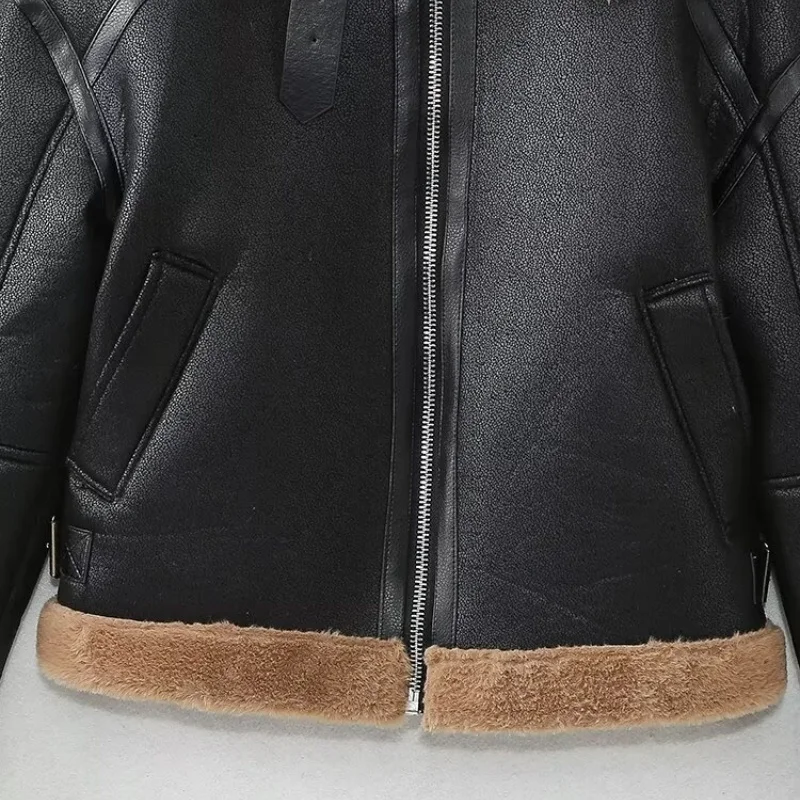 

Casual Loose Fce Lined Bla Leather Patchwork Lamb Fur Jaet Women's Autumn Winter Warm Outerwear ort Zipper Coat