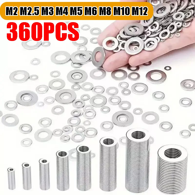 360pcs 304 Stainless Steel Flat Washer Assortment Multi Purpose Heavy Duty for Home Decor Factory Repair Kitchen Shop