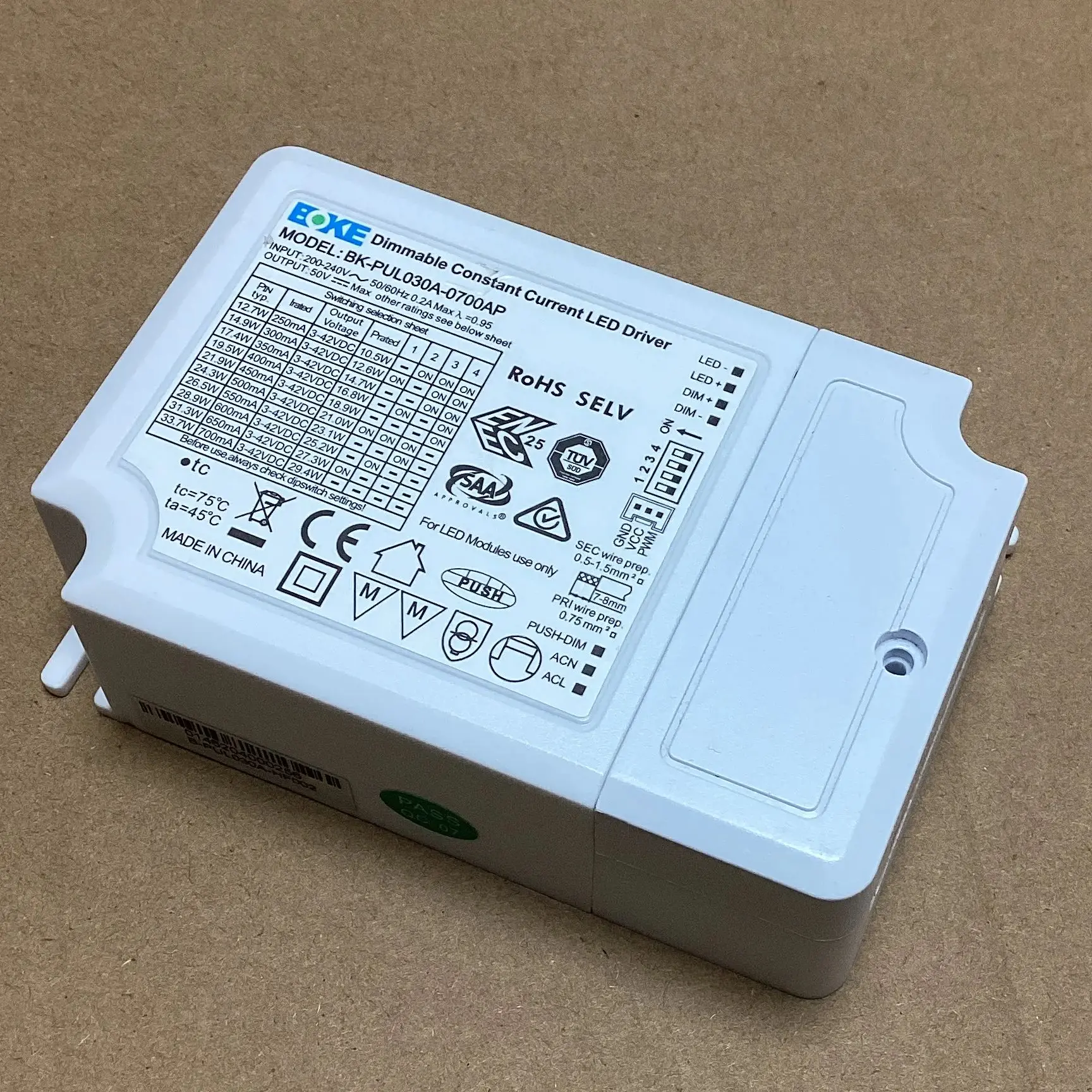 30W Dimmable LED Power Supply BK‑PUL030A‑0700AP 1‑10V PUSH‑DIM PWM Selectable Driver 250‑700mA For LED Lighting