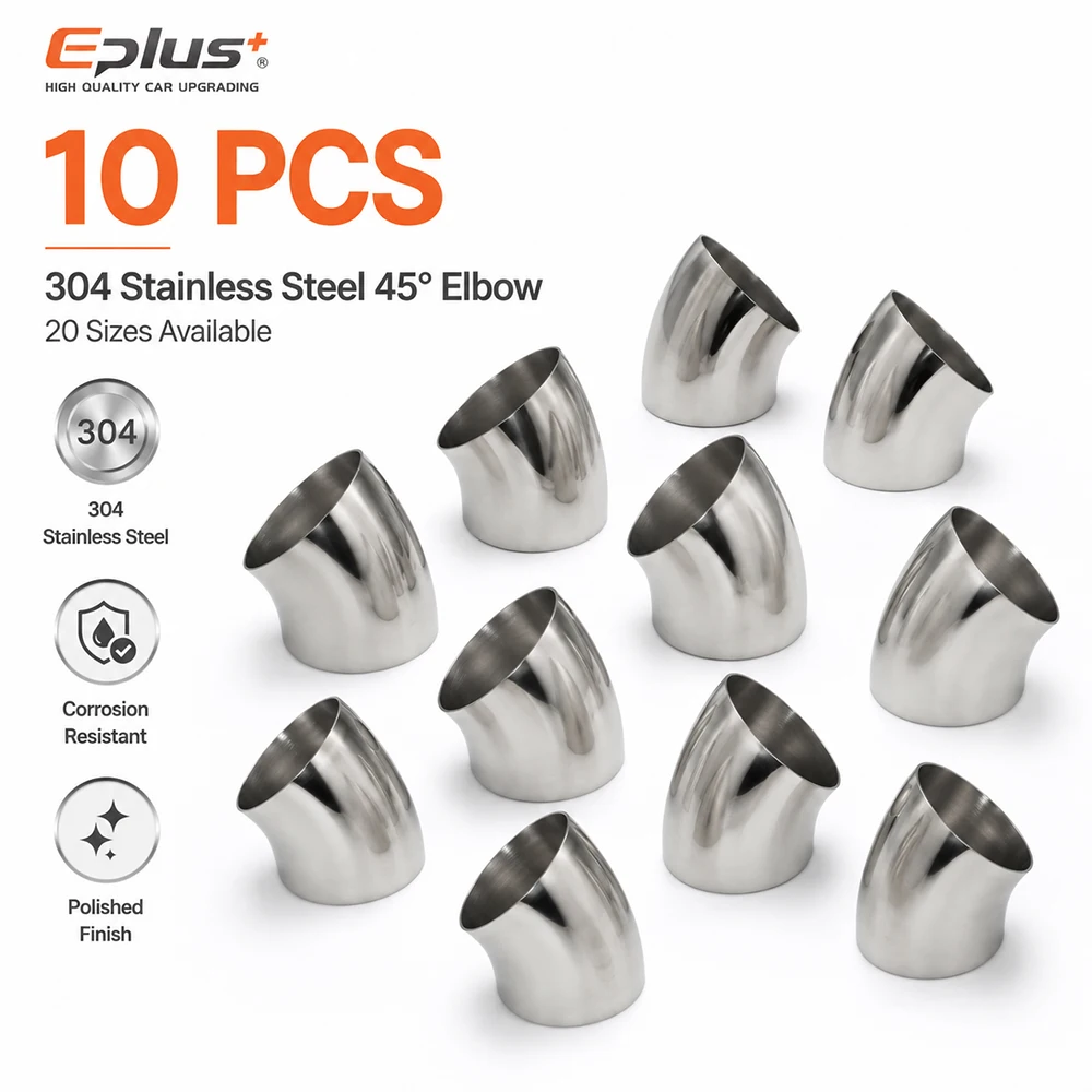 10PCS Universal 304 Stainless Steel 45 Degree Elbow Pipe Polished Weld‑On Pipe Fitting Bend Tube for Car Exhaust Muffler