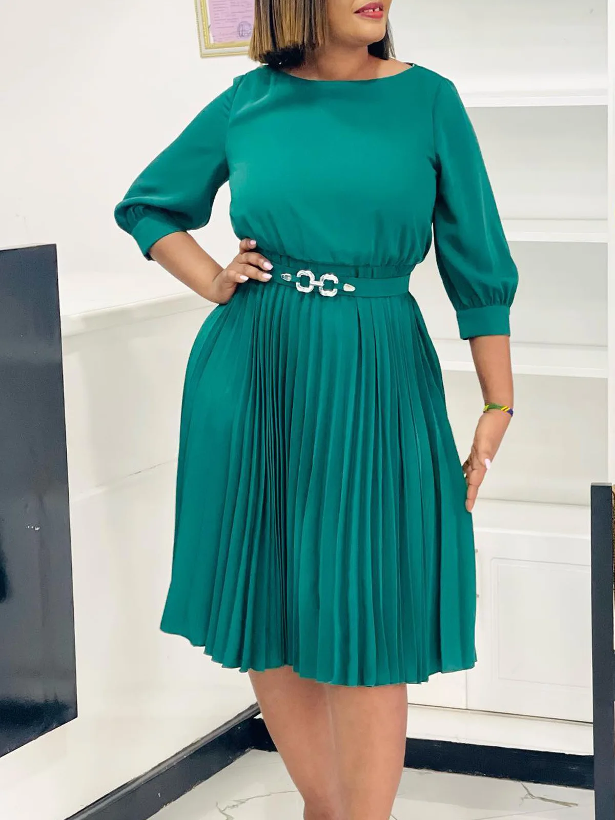 

Women's Fashionable Elegant Round-Neck Three-Quarter Sleeve Pleated Dress 2025 Style