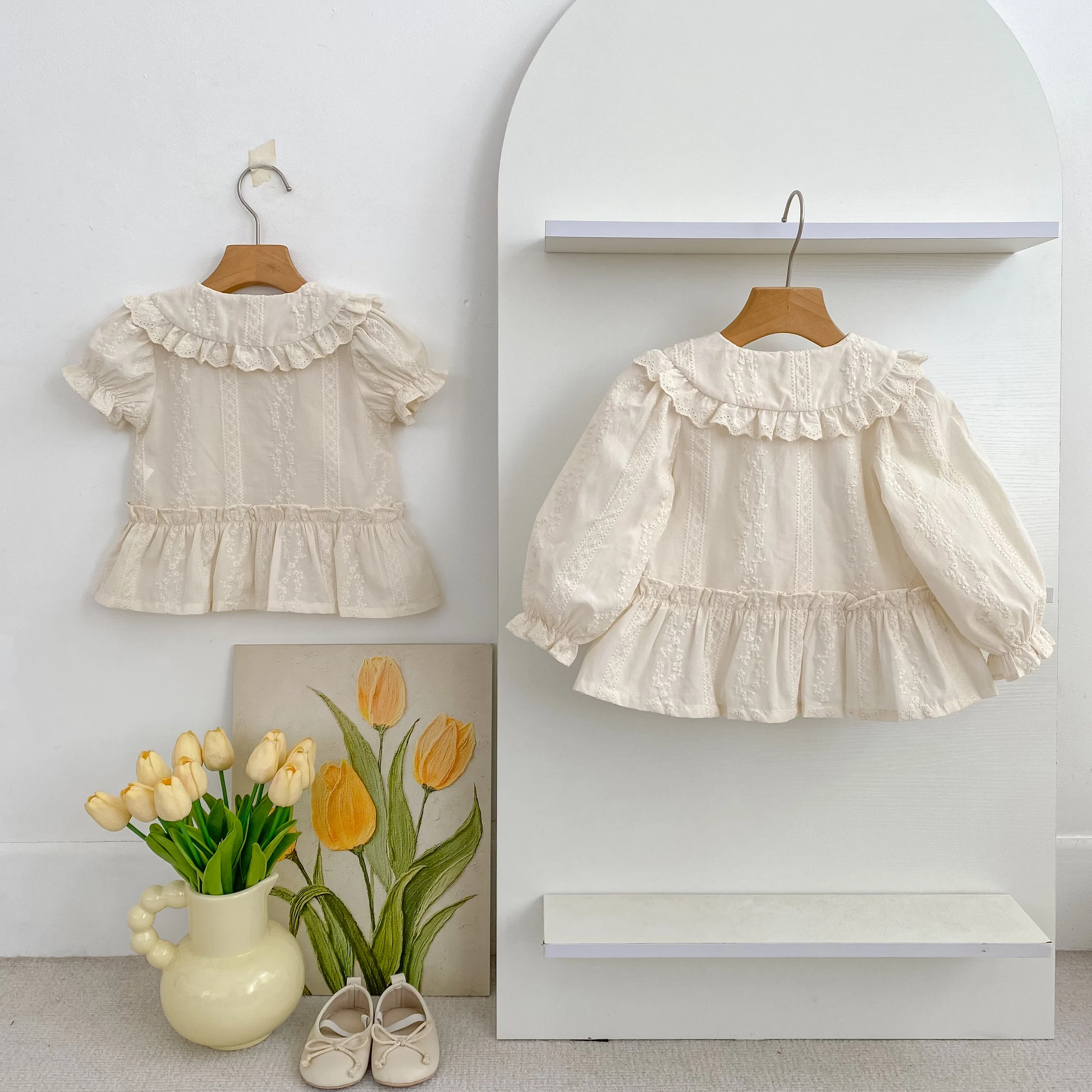 Koreanischer Stil Baby-Mädchen Spitzenbluse mit Puppenkragen, Herbst Langarm-Rüschenhemd, Besticktes Rüschen-Prinzessinnen-Oberteil für Kinder, Lässiges Top – Detail 18