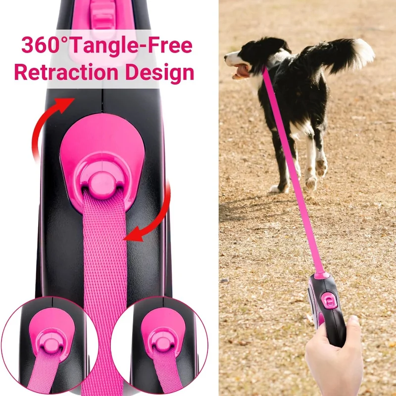 Pink Retractable Dog Leash 9.84ft Heavy Duty for Medium Small Dogs Up To 44lb Anti Slip Handle 360 Tangle Free Nylon Tape