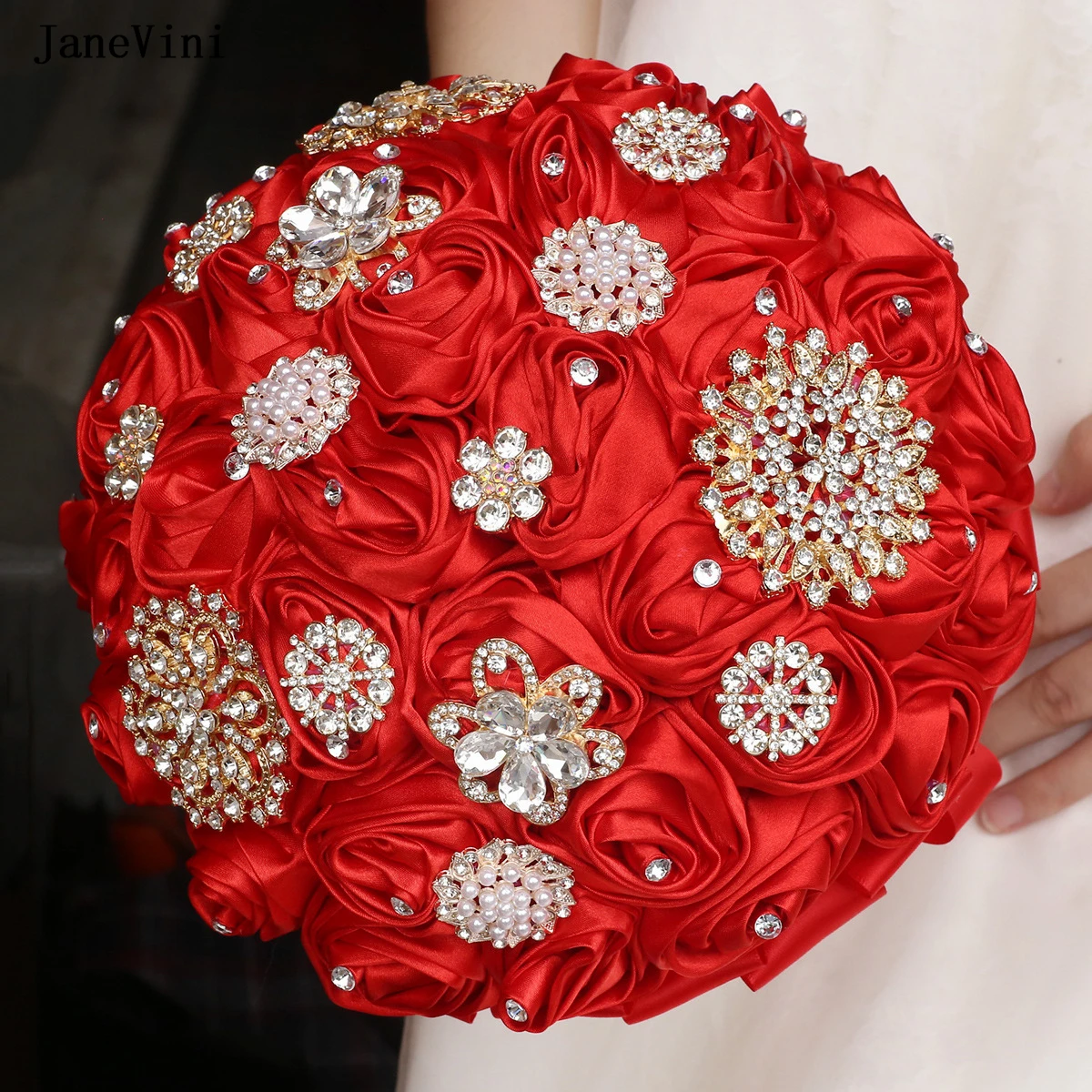 JaneVini 2025 Customized Bridal Flowers Bouquets Artificial Red Satin Roses Bling Gold Crystal Elegant Wedding Bouquet for Bride