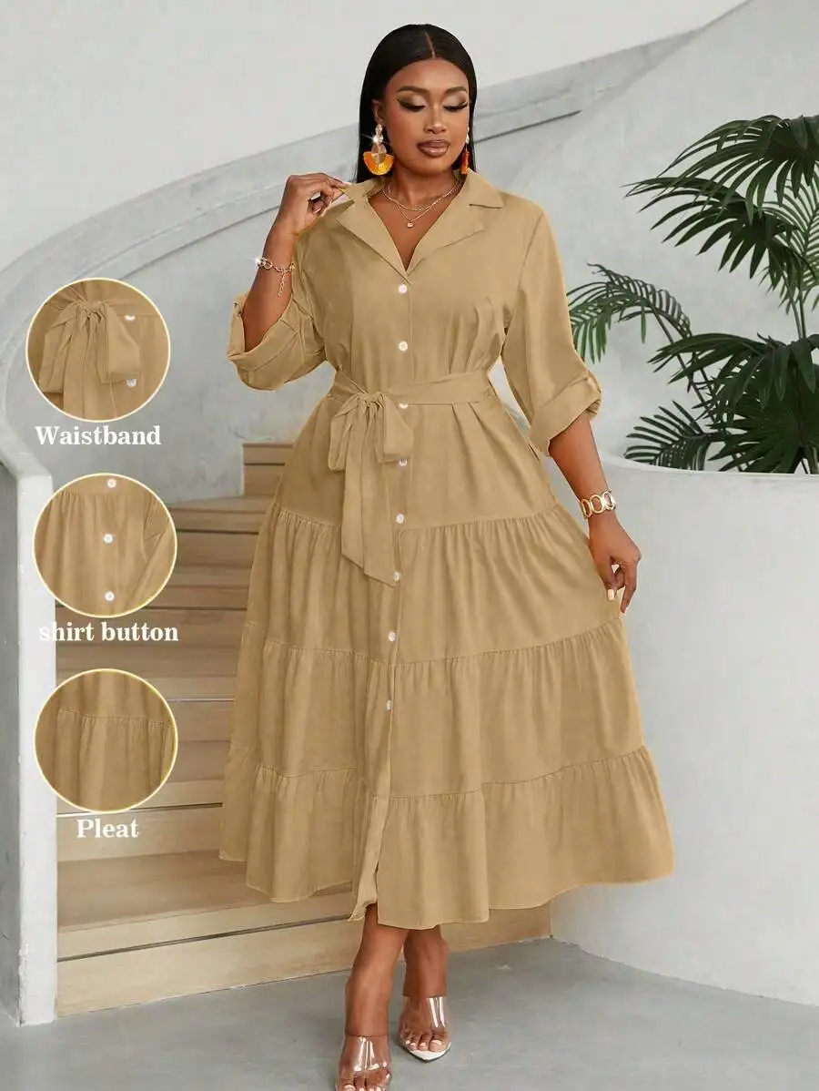

Elegant V-Neck Button Front Long Sleeve Belted Tiered Ruffle Maxi Dress For Women