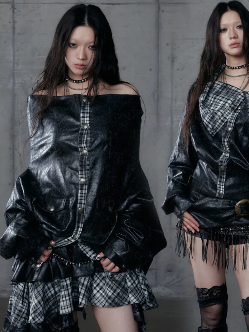 

New Dark Punk Fashionable Street Plaid Waist-cinching Two-way Wear Long Sleeves Hoodie Coat Tops
