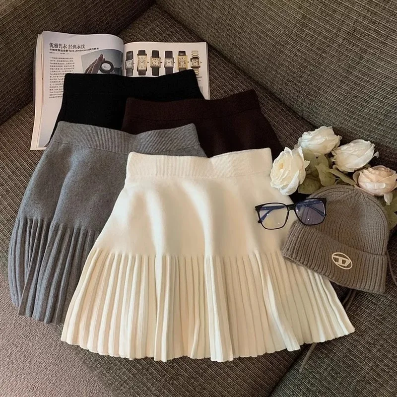

Pleated Mini Skirts Korean Sweet Knitted Skirts Sweet Elastic Waist Ladies Casual Youthful For Women's Clothes Solid Fashion New
